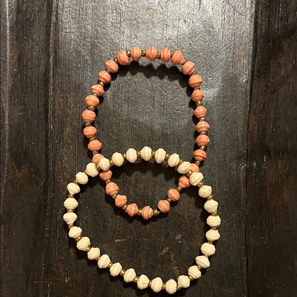 Handmade Paper Beaded Stretch Bracelet Set - Rose and Cream